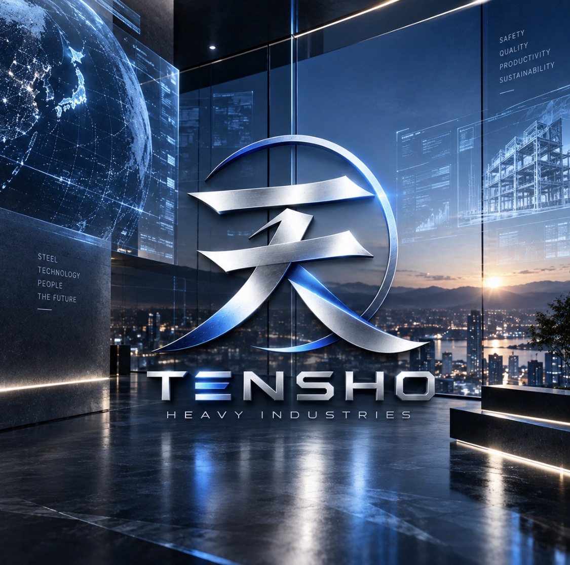 天翔重工業の天ロゴとTENSHO HEAVY INDUSTRIESを描いたブランドイメージ